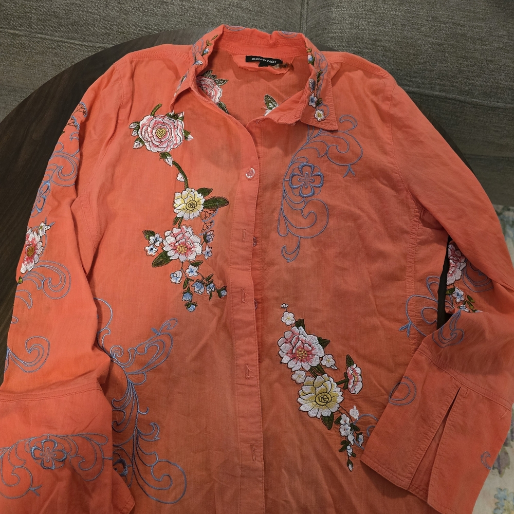 Embroidered Floral Coral Blouse